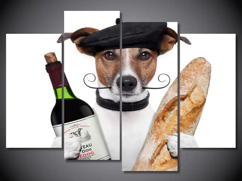 4 Panel Free shipping Funny dog print painting on canvas Wall Art