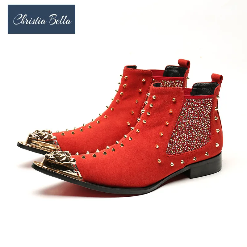 

Christia Bella New Style Fashion Genuine Leather Combat Boot Red Leather Studded Men Ankle Boot Punk Rivet Martin Boots Winter