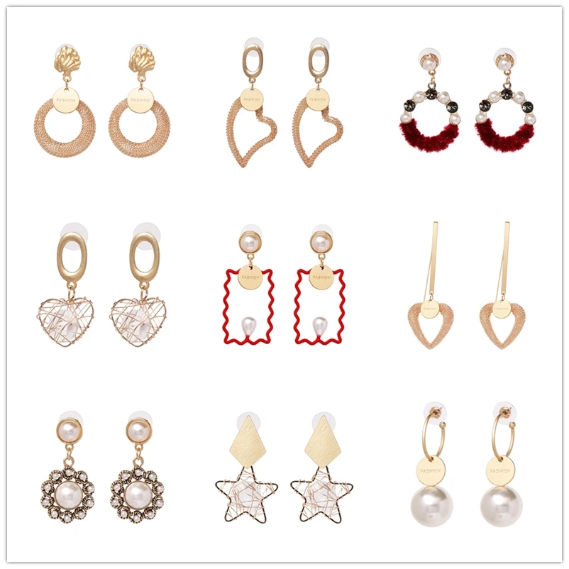 

JURAN 2019 new design pearl statement earrings Korea Design Metal Gold Geometric Irregular Circle Square drop Earrings for Women