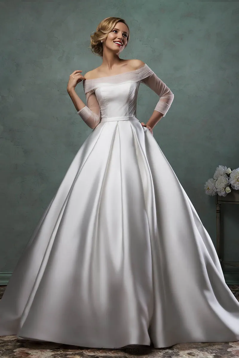 fashion romantic long wedding dress 2017 simple boat neck 3/4 sleeves