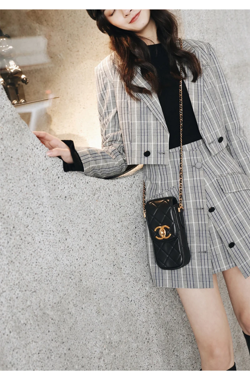 New 2018 Autumn Women Suit Female Korean Fashion Long-Sleeved Plaid Suit Jacket Female Two-Piece Stitching Ladies Skirt D8A225 (4)