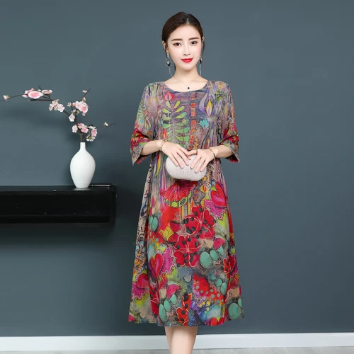 Elegant Temperament Printing Women Dress 2018 New Summer High End Half Sleeve Classic Round Collar Silk Loose Thin Lady Dresses Elegant Temperament Printing Women Dress 2018 New Summer High End Half Sleeve Classic Round Collar Silk Loose Thin Lady Dresses