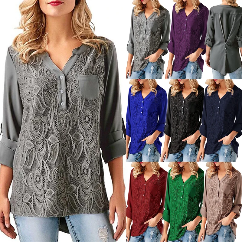 

8 Colors Plus Size S-5XL Women Chiffon Blouses Spring New Solid Lace Shirts Blusas Female Sexy V-neck Irregularity Women's Tops