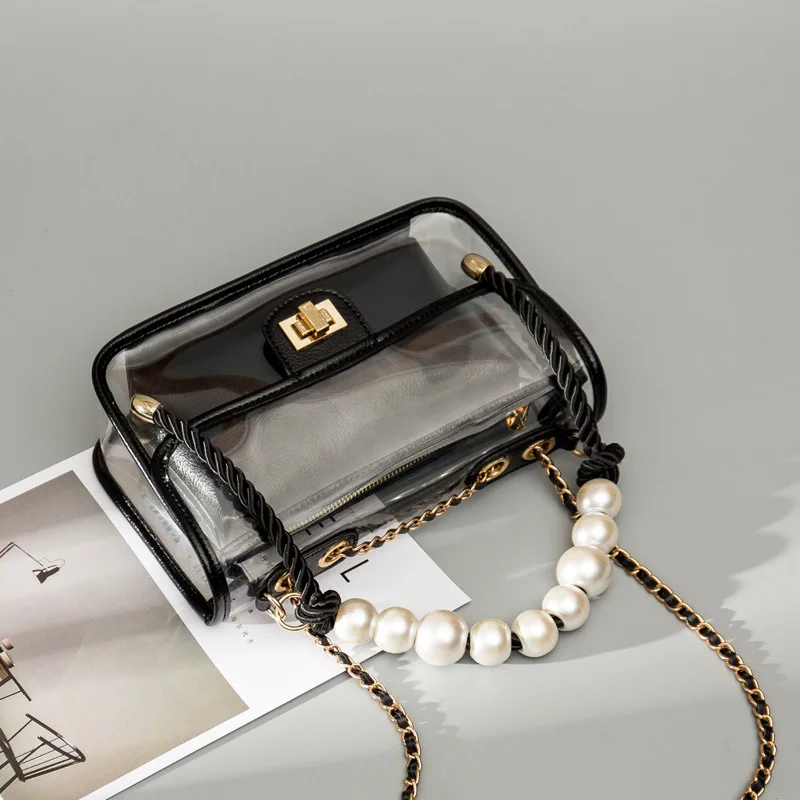 

Clear Transparent PVC Shoulder Bags Women Pearl decoration Women Jelly Bags Purse Solid Color Handbags Small Flap Crossbody Bag