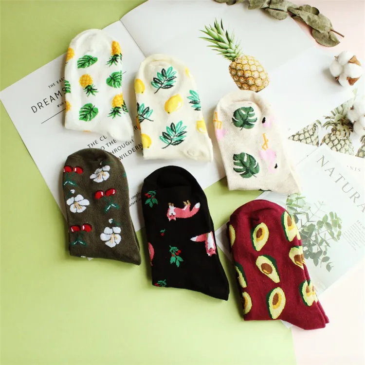 Happy Fruit носки для женщин из чёсаного хлопка высокого качества Socken Новое поступление милые носки с изображением фламинго лисы и животных