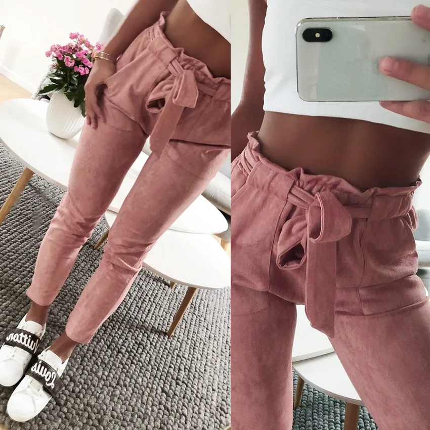 

Aprmhisy Women High Waist Striped Pants Elegant Bow Tie Suede Pencil Pant Casual Streetwear Trousers 9 Colors