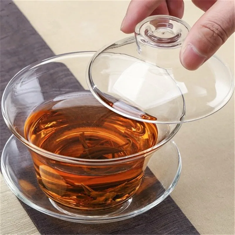 Gaiwan Толстая стеклянная чайная чашка с высоким термостойким захватом для чая-разрядки рук кунг-фу чайная игра