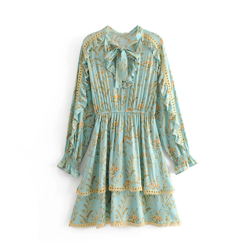 

Fashion Design Dress 2019 Summer Women Elegant Bow Collar Ruffles Sleeve Floral Print Bohemia Beach Short Dress
