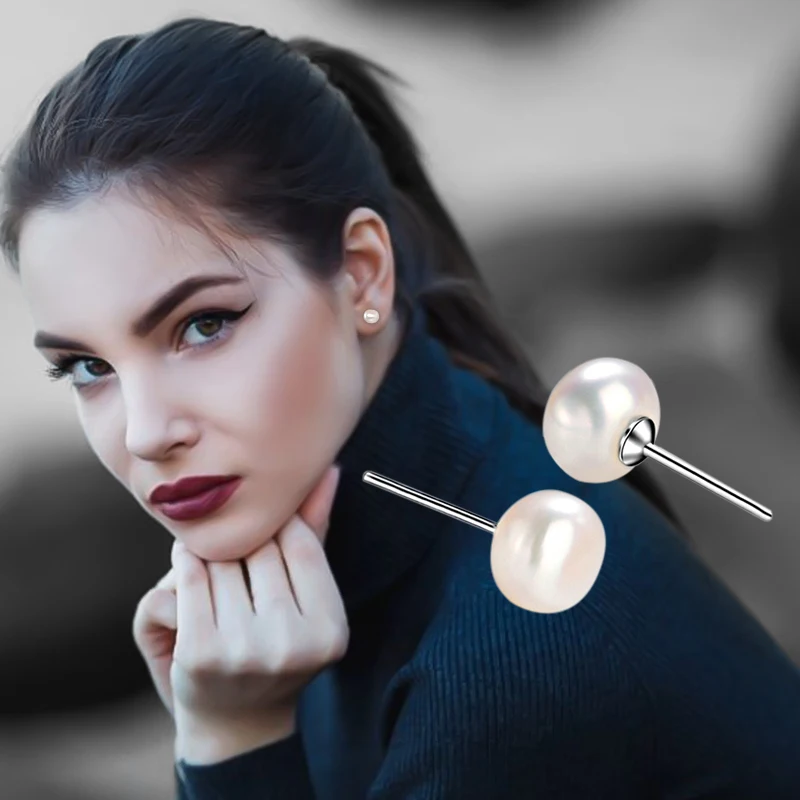 Fashion Women natural freshwater pearl stud earrings S925 Sterling Silver Oblate Ear Stud Earring  For Christmas Jewelry Gift