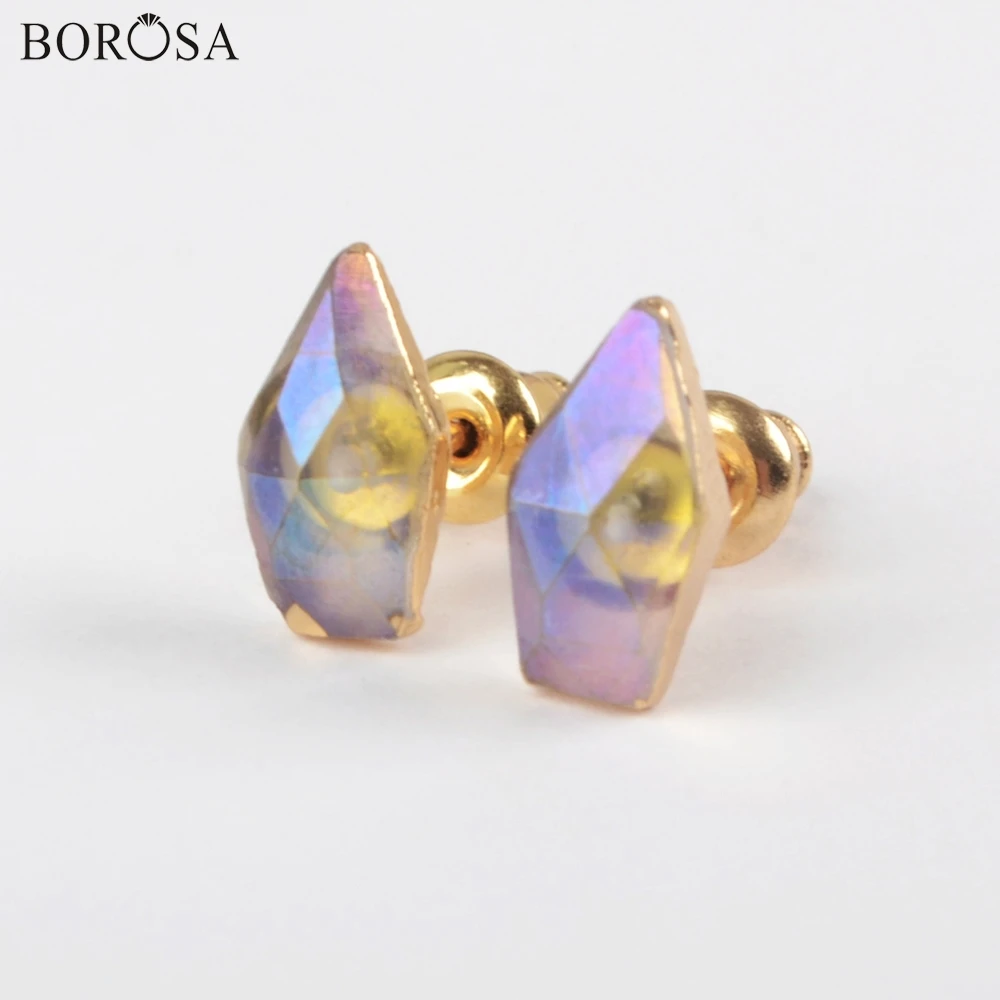 

BOROSA 5/10Pairs Gild White Quartz Titanium AB Plating Faceted Stud Earrings Natural Crystal Quartz Earrings Women Jewelry G1850