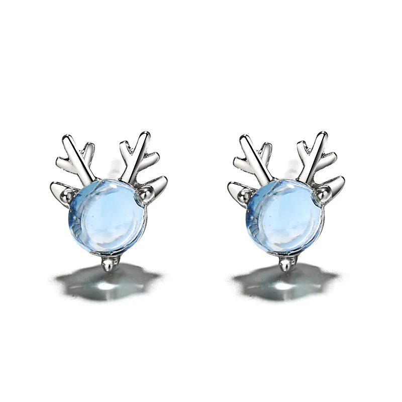 Серебряные серьги, серебряные милые серьги-гвоздики в виде оленя, 925 синий лунный камень, счастливые серьги для женщин и девочек, детские рождественские подарки