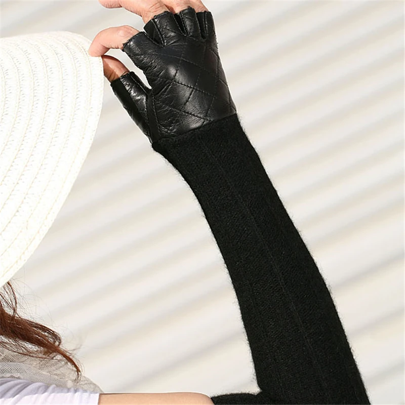 Акция, женские длинные перчатки без пальцев из овчины в стиле панк, модные однотонные женские перчатки из натуральной кожи, зимняя рукавица, шерстяные перчатки L111NQ