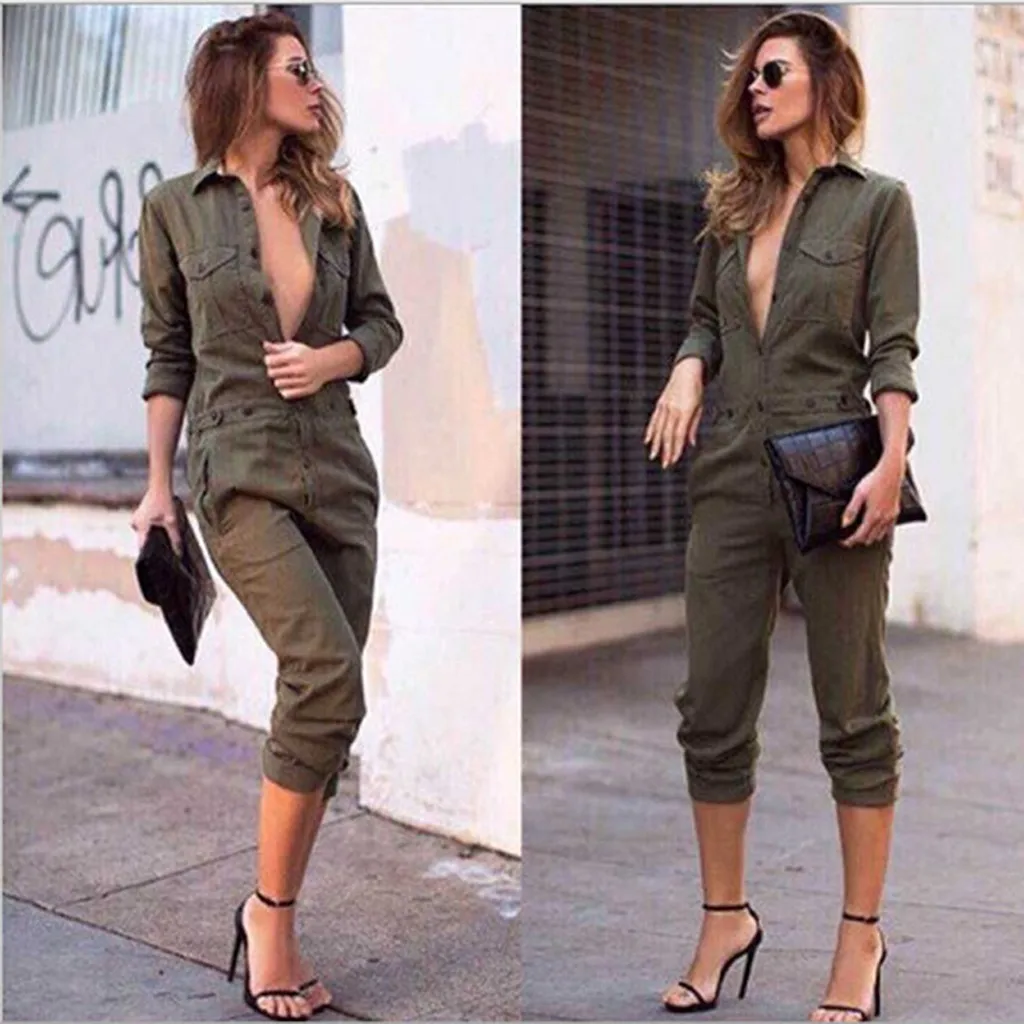 

YOUYEDIAN 2019 Women Lapel Long-Sleeved Front Buttoned Street Trend Tooling Jumpsuit enterizos para mujer largos elegantes #3