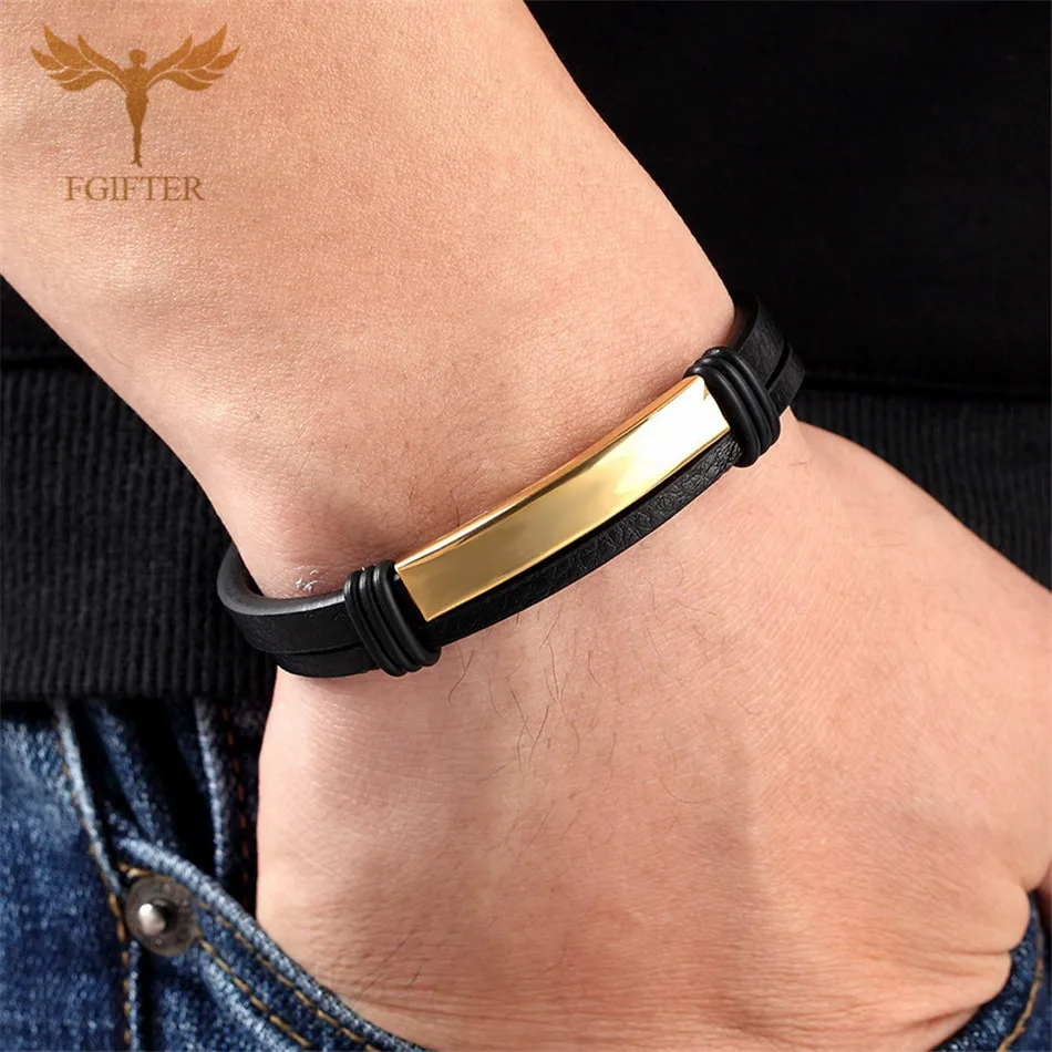 FGift 2019 عارضة رجل سوار جلد أسود أساور للرجال مجوهرات من صلب لا يصدأ شارة bijuteria FGift 2019 عارضة رجل سوار جلد أسود أساور للرجال مجوهرات من صلب لا يصدأ شارة bijuteria