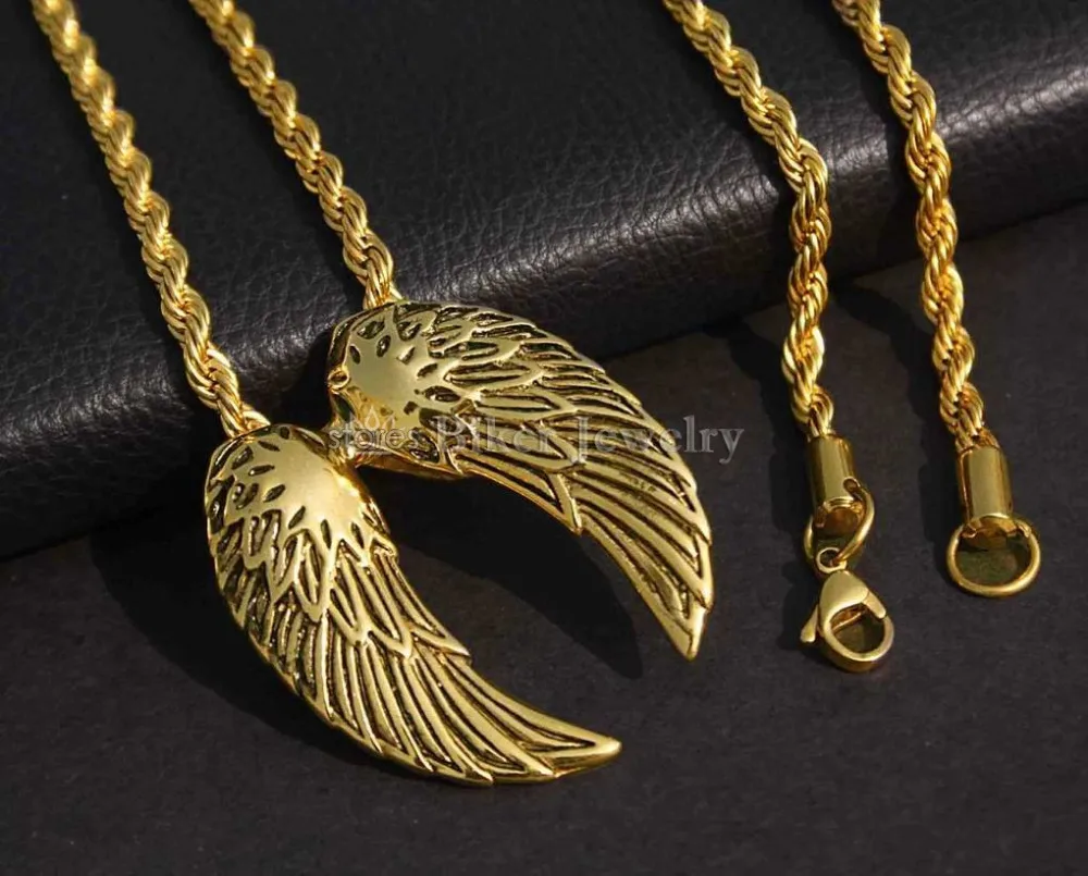 New Retro Vintage Golden Angel Wing Pendant Necklace 24" Fashion Rope