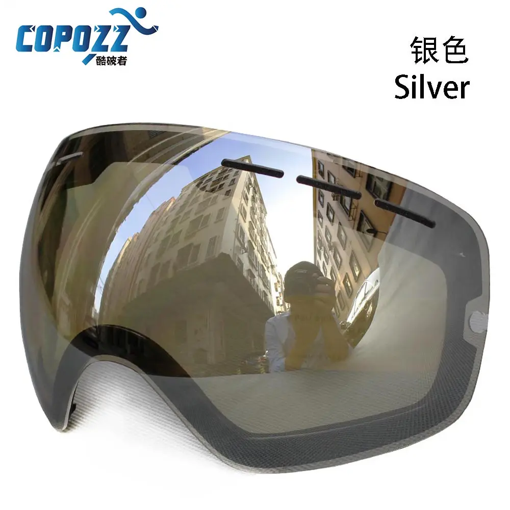 Lens for ski goggles COPOZZ GOG-201 anti-fog UV400 large spherical ski glasses snow goggles eyewear lenses - Цвет: Silver