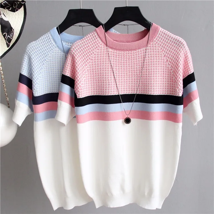 Patchwork short sleeve sweater women knitted pullover Korean fashion slim sweaters summer and autumn new arrival