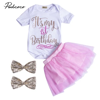 

Adorable Newborn Kids Toddler Baby Girls 1st Birthday Outfits Cotton T-shirt Tops+Shorts Pants 4PCS Clothes Set