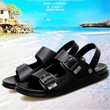 Мужские повседневные сандалии из телячьей кожи с открытым носком; пляжные шлепанцы на плоской подошве с пряжкой; летние шлепанцы; Цвет черный, коричневый; мужские тапки sandalias hombre