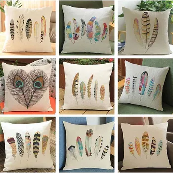 

Feather Printing Square Pillowcase Linen Blend Pillow Case Sofa Waist Throw Cushion Cover Home Decor (18" x 18"