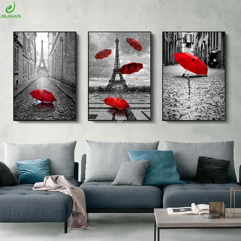 

JHLJIAJUN Canvas Painting Nordic Red Umbrella EiffelTower Wall Art Print And Poster Modern Bedroom Living Room Home Decor