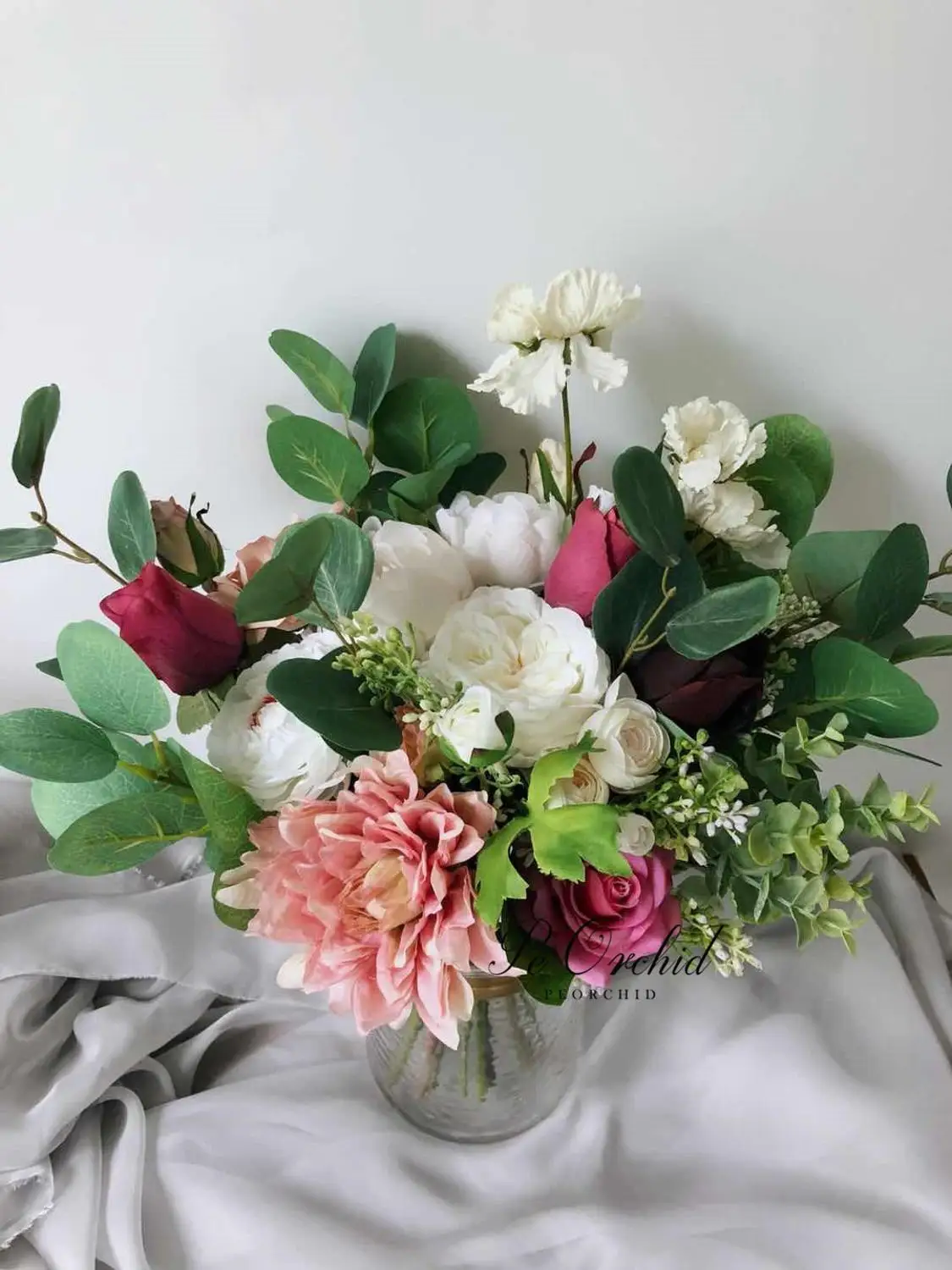 PEORCHID Pink White Green Wedding Bride Bouquet Artificial Eucalyptus Rose Bruids Boeket Vintage Bridal Peony Hand Flowers
