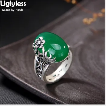 

Uglyless Real 990 Silver Jewelry Luxury Natural Chalcedony Rings for Women Delicate Handmade Plum Flower Open Ring Hollow Bijoux