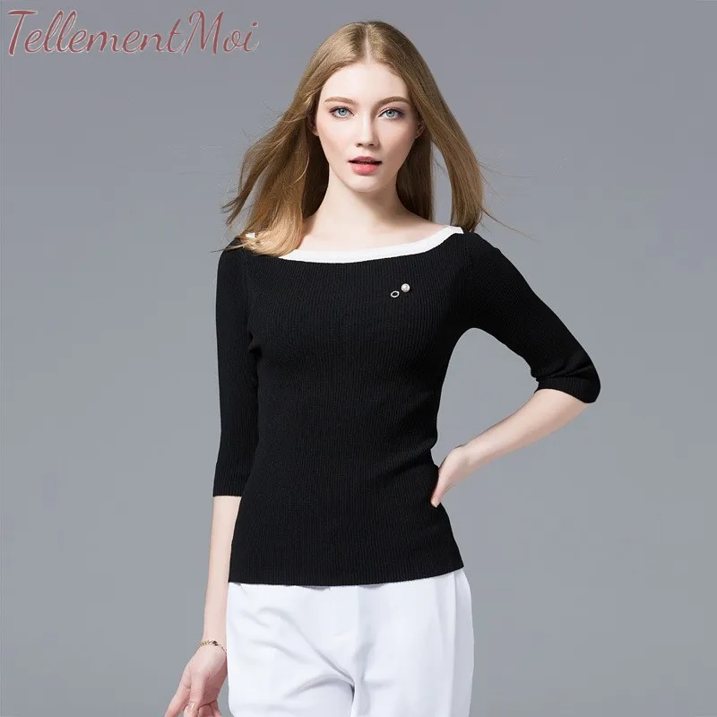 New Fashion Spring Autumn Women's Bottoming Knitted Shirts Seven Sleeves Slim Thin Sweater Female Elegant Basic Pullovers Tops