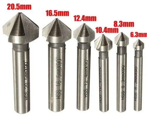 

3 FluteRound shank 6pcs 3 Flute 90 Degree HSS Chamfer Chamfering Cutter End Mill Tool Countersink Drill Bit Set 6.3-20.5MM