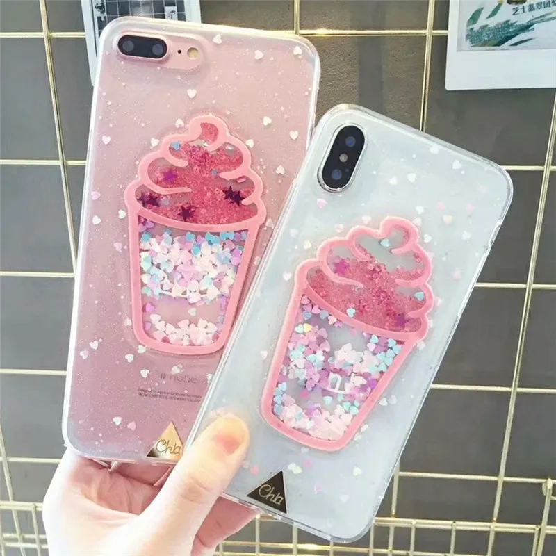 

Cute ice cream Dynamic Liquid Glitter Love Heart Phone Case For iPhone X XS MAX XR 6 6S 7 8 Plus Cases Luxury Bling Cover