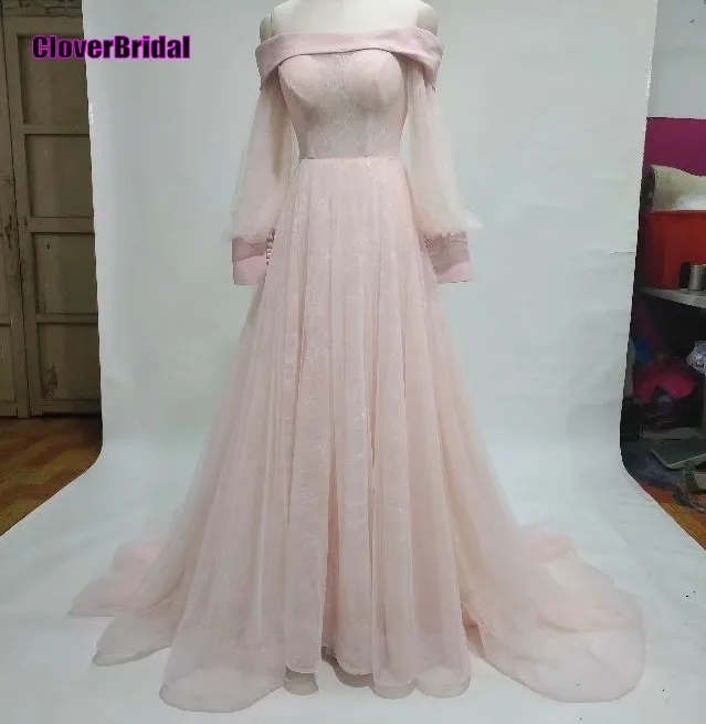 

Manches longues en satin rose tendre a tulle bateau cou robe de soiree longue 2017 off the shoulder full sleeves pink prom dress