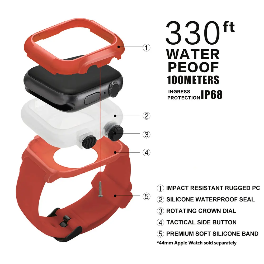 Полная защита IP68 Водонепроницаемый чехол для Apple Watch серии 5 4 3 2 силиконовый ремешок браслет для iWatch 44 мм 42 мм спортивный ремешок крышка