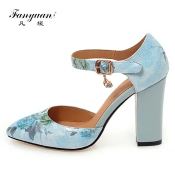

Fanyuan Women High Heel Evening party sandals Flower printing Pointed Toe Ankle Strap Bridesmaid Wedding Bridal Shoes