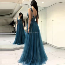 V Neck Floor Length Tulle Prom Dresses Sexy Off The Shoulder High Slit Formal Prom Evening gowns with Lace Appliques