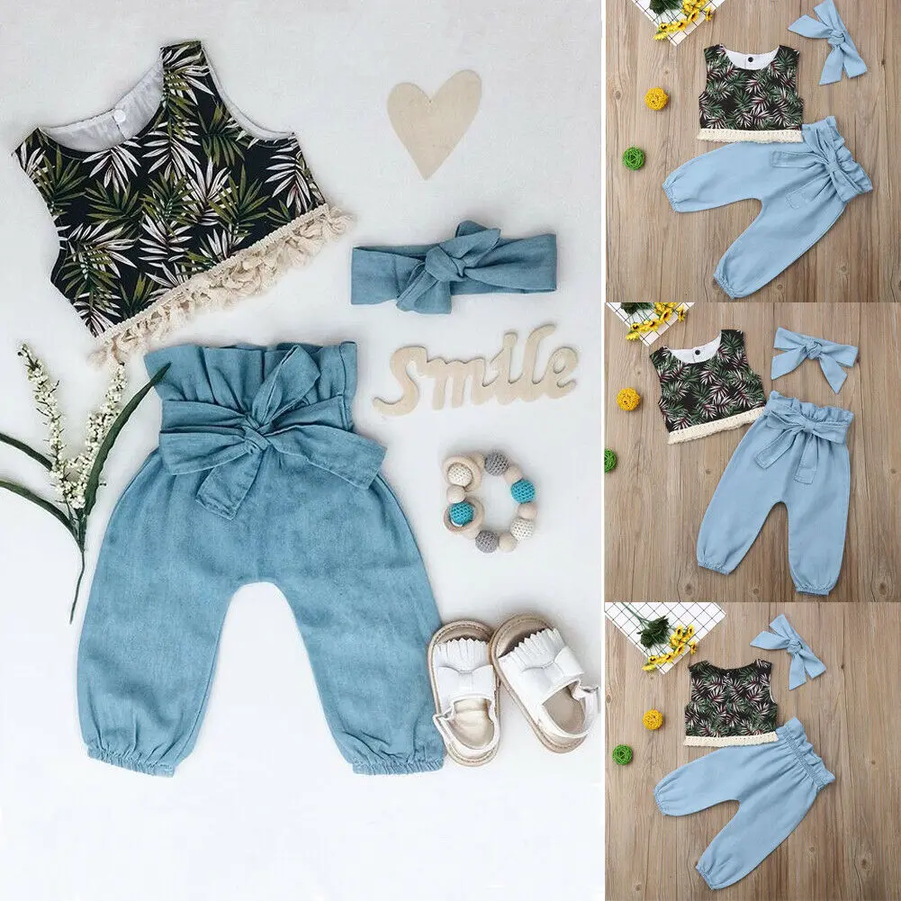 

Toddler Baby Girl Clothes Tassles Crop Vest Tops Long Pants Headband 3pcs Outfits Sunsuit