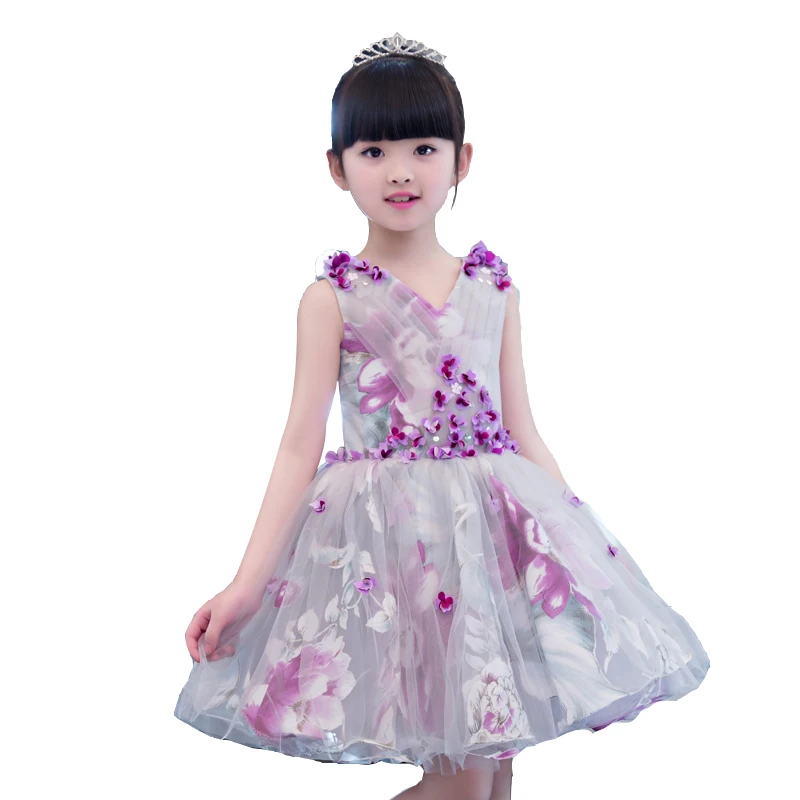 

2017 New High Quality Children Girls Reactive Printing Flowers V-Collar Princess Dress Kids Birthday Wedding Party Costume Dress