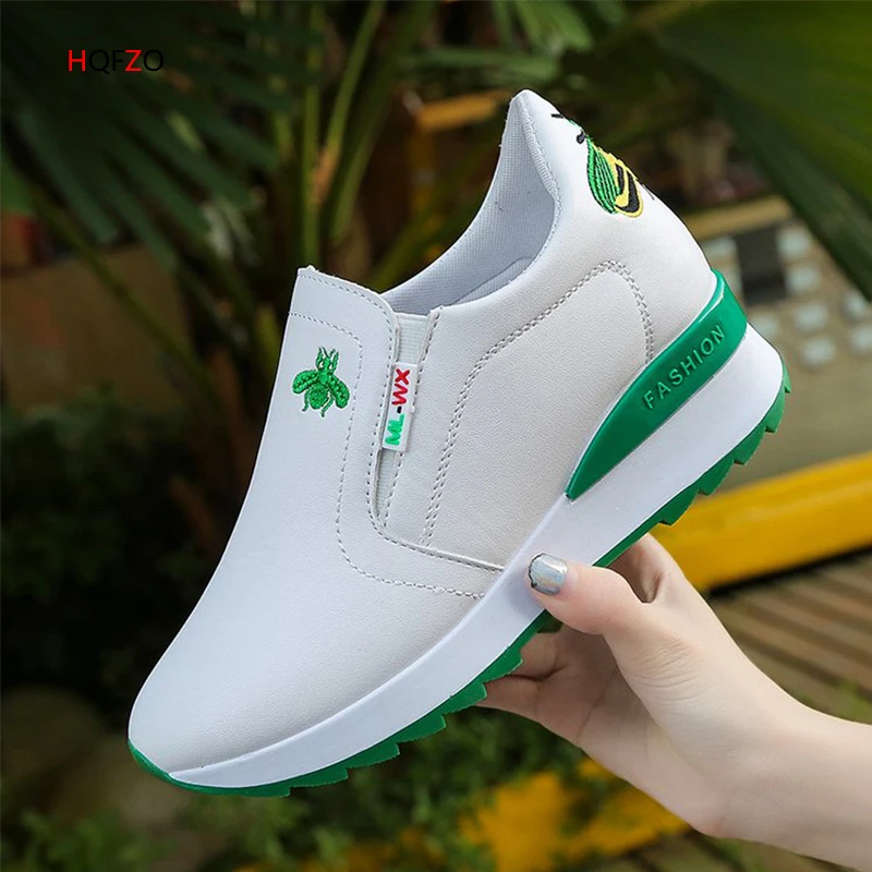 

HQFZO Casual High Heels Loafers Breathable Vulcanize Women Sneakers PU Round Toe Embroider Platform Wedges Tenis Feminino