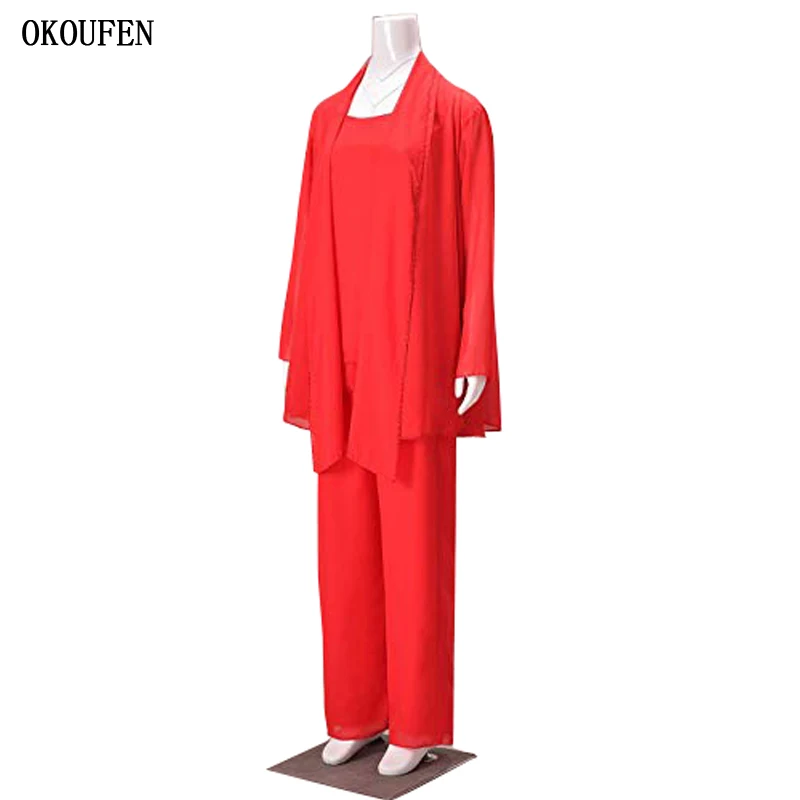 

OKOUFEN Red Mother Of The Bride Dresses Pantsuits for Wedding 2019 Bead Chiffon 3 Pieces Set Plus Size Kurti vestido de madrinha