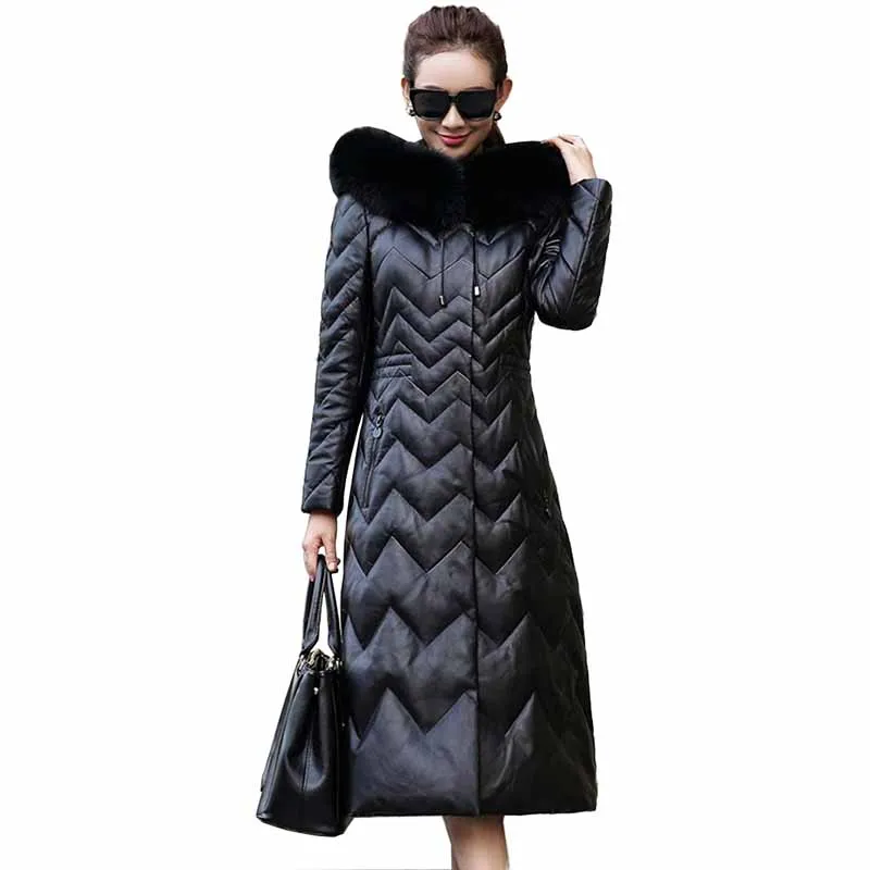 

High quality Real Leather Coat Women Down Jacket Thicken Female Fox fur collar Hooded White duck down Sheepskin Outerwear A2889