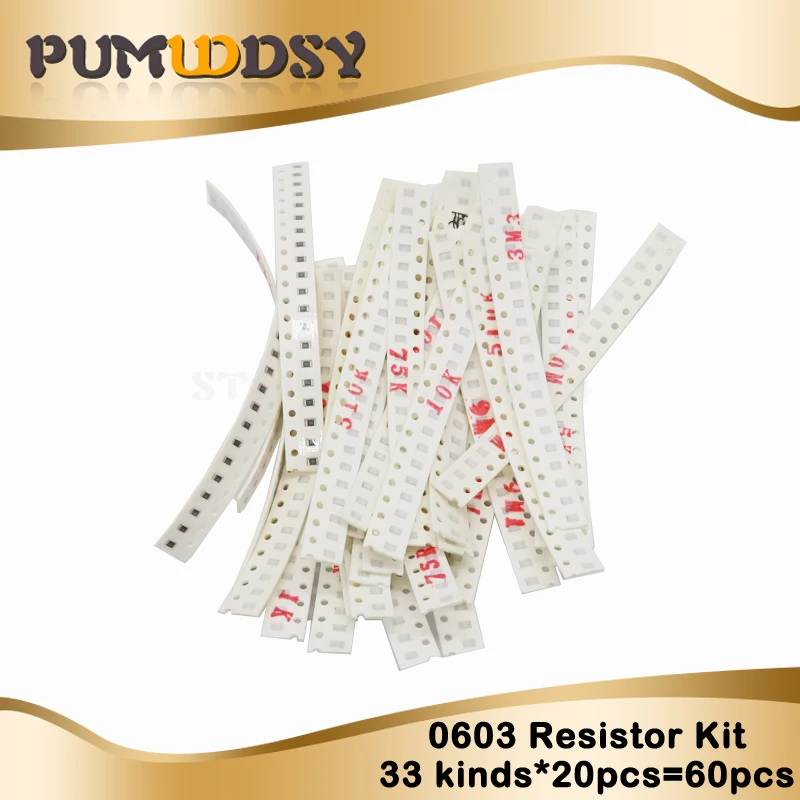 

Free shipping 0603 SMD Resistor Kit Assorted Kit 1ohm-1M ohm 1% 33valuesX 20pcs=660pcs Sample Kit