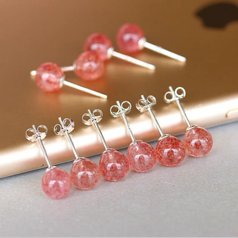 S925 Pure Sterling Silver Natural Crystal Stud Earrings for Women Pink