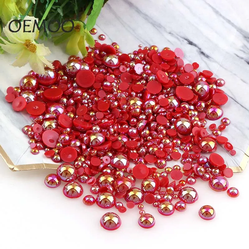 

1000Pcs Red Mixed Size Half Round Pearl beads 2mm,3mm,4mm,5mm,6mm,8mm,10mm for Flatback cabochons Scrapbook Craft