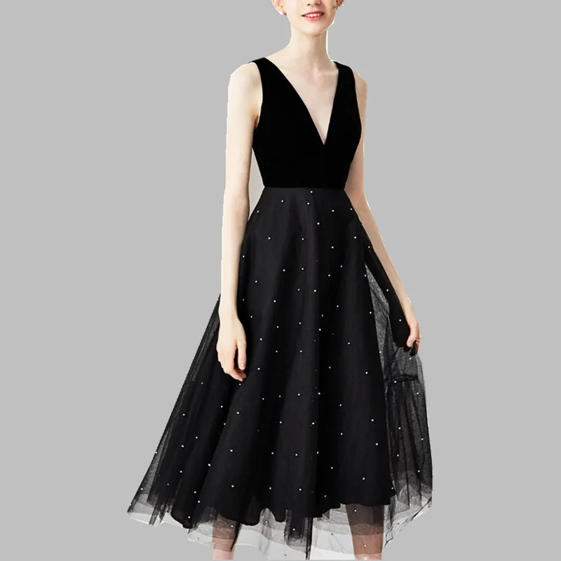 

2019 Sexy Deep V Neck Ball Gown Party Dress Runway Women Velvet Patchwork Tull Sleeveless Dress Spring Beading Mesh Long Dress