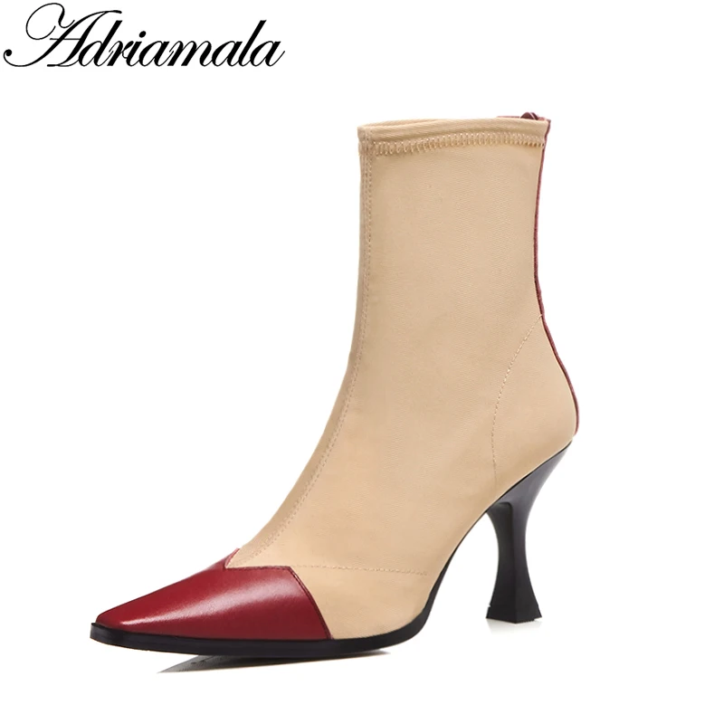 

2018 Genuine Leather Ladies High Heel Boots Ankle Zip Pointed Toe Spike Heels Zipper Cow Leather Boots For Women Adriamala