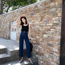 Лето и Осень Высокая Талия Свободные расклешенные джинсы Повседневное Парадное, тонкое свет вода Ручная стирка Для женщин плед лодыжки-Длина брюки