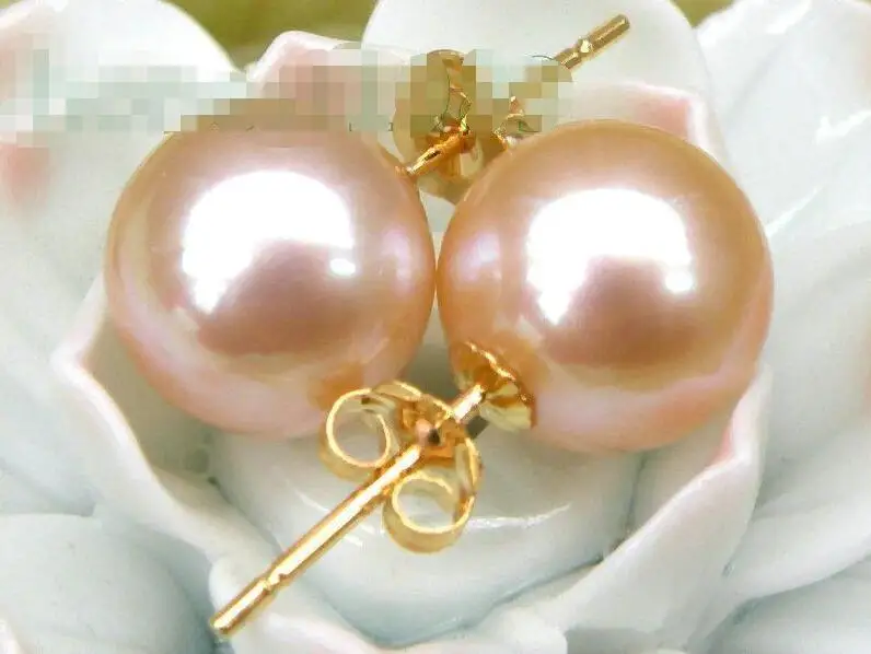 

Free Shipping >>>> Genuine 10mm perfect round AAA+++ pink south sea pearl earring14K yellow gold