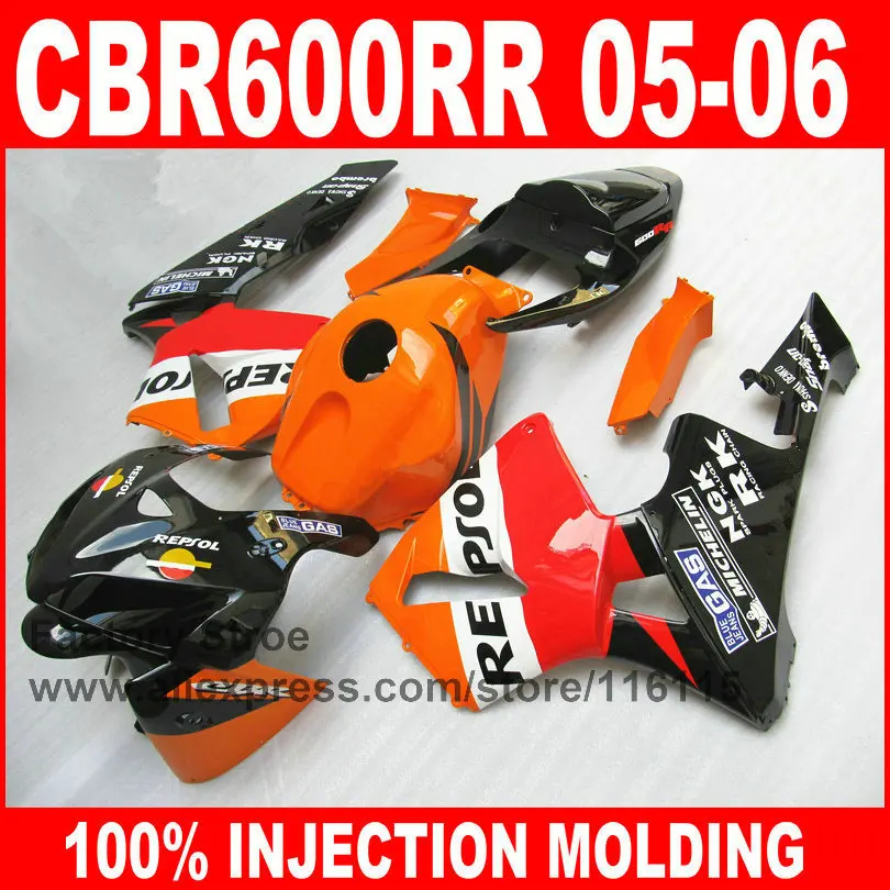 

7gifts custom paint Injection Molding for HONDA 2005 2006 CBR 600RR CBR600RR fairings kit 05 06 orange repsol fairing set