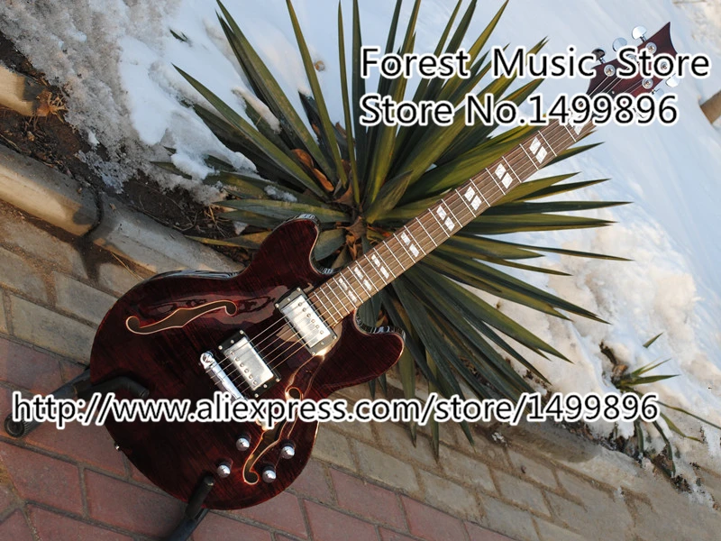

Hot Selling Dark Red Tiger Flame Suneye ES Electric Jazz Guitars With Double F Holes Hollow Guitar Body & Kits Lefty Available