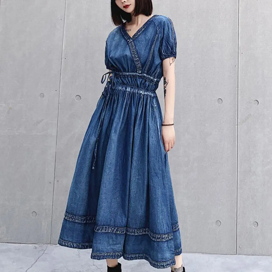 

Summer Dress 2019 New vintage Denim Women Dresses V-Neck Adjustable Waist Lantern Sleeve Swing Hem jeans dress