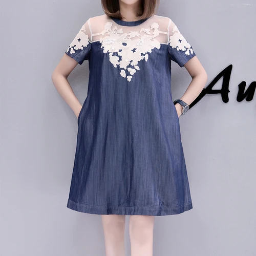 New Lace Patchwork Embroidery Denim Dresses Summer Women Half Sleeves Loose A Line Jeans Dresses Plus Sizes Casual Dresses Robe
